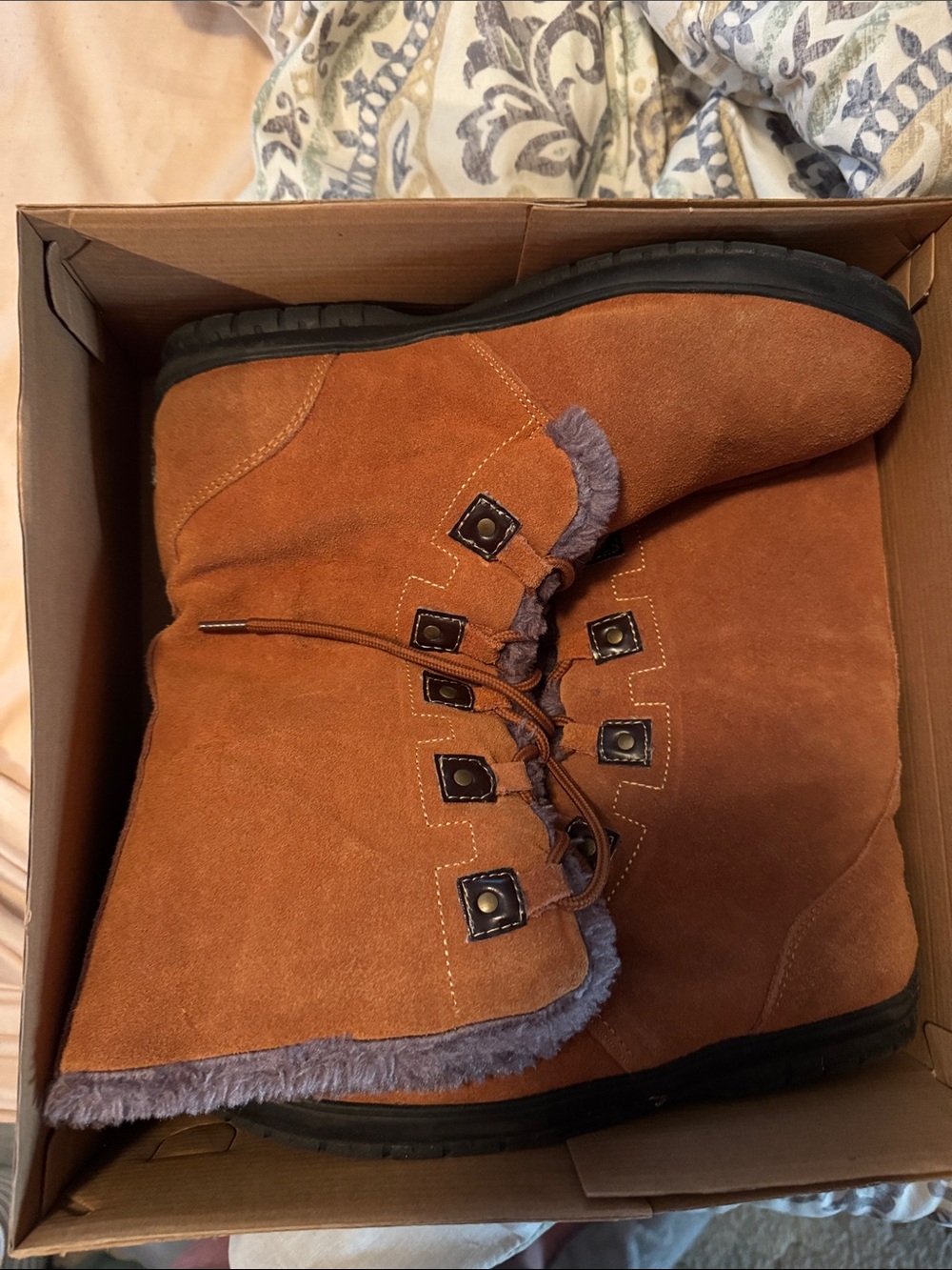 Lamo Women's Lace-Up Suede Boots in Chestnut Brown with Gray Fur Trim